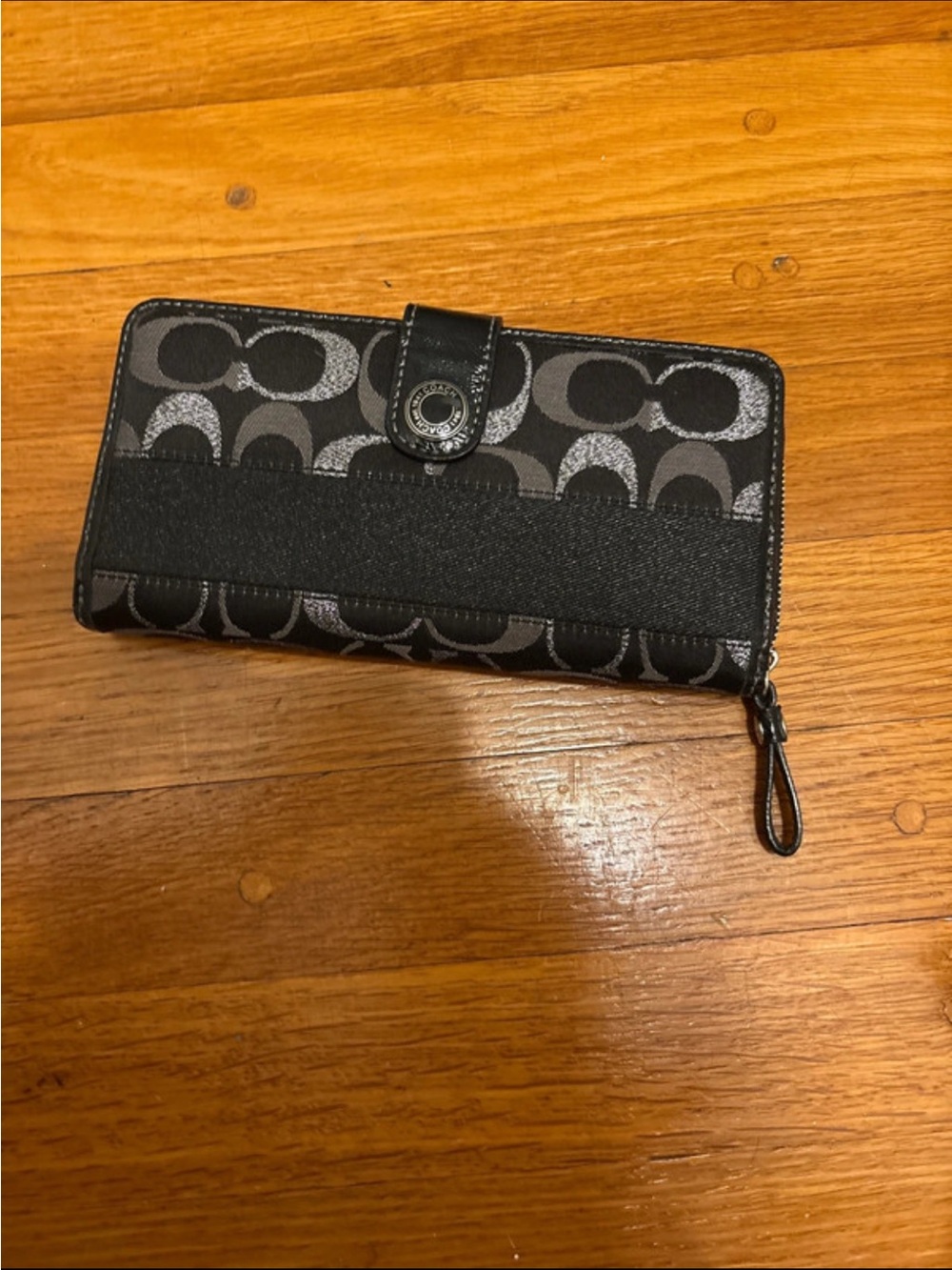 Coach Black Signature Logo Zip Around Wallet